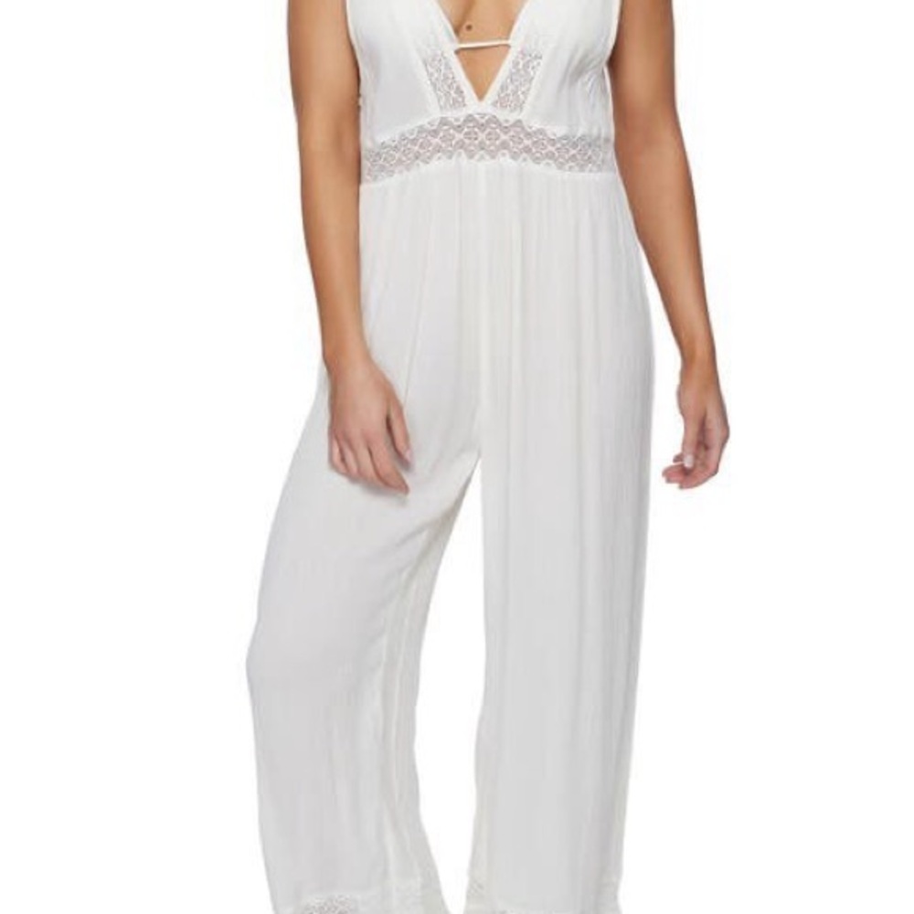 O'Neill White Lace-Trim Plunge Wide-Leg Coverup Jumpsuit